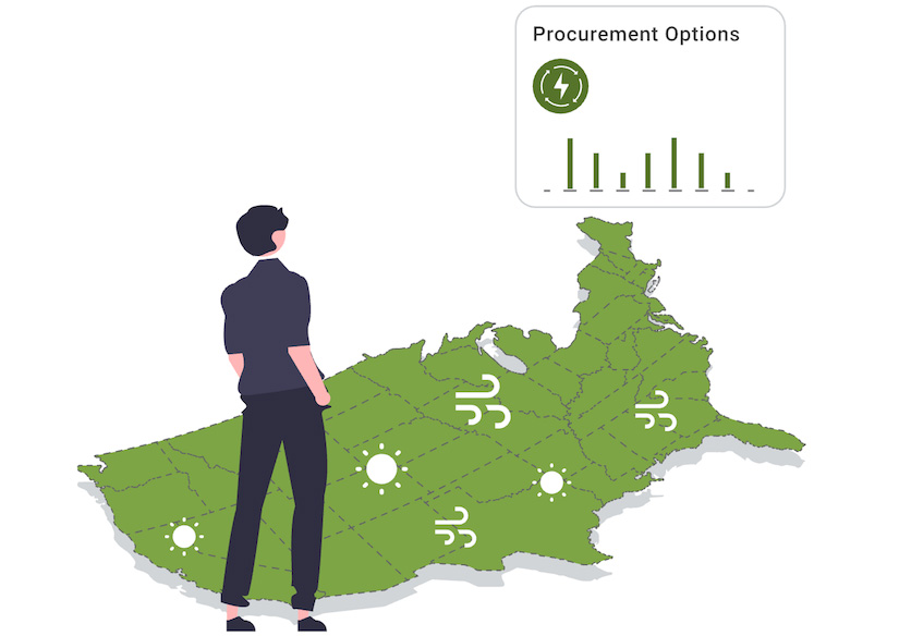 pat-outreach-body An illustration of a person standing in front of map of the United States looking at a chart above titled Procurement options.