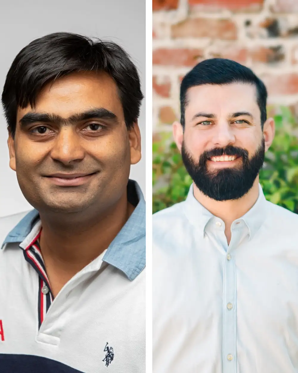 Headshot collage of two men: one photographed against a gray background and the other in front of a brick wall with greenery.