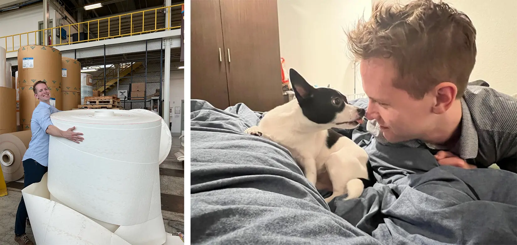 20260129-lessons-in-chemistry-from-a-healthily-stubborn-engineer-paper-dog (left): Meyer hugging a large roll of paper; (right): Pipi licking Meyer’s nose while they both lie on a bed.