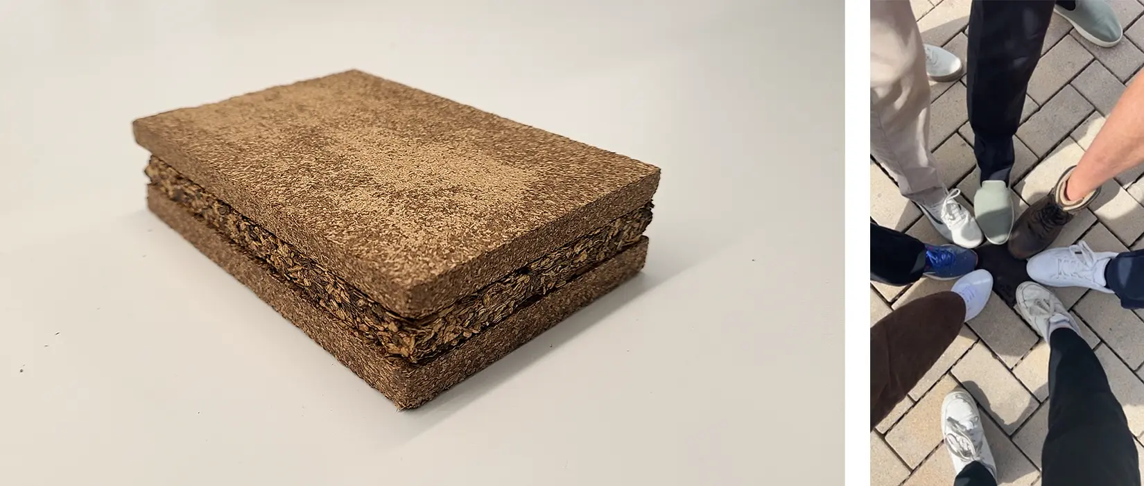 20260129-lessons-in-chemistry-from-a-healthily-stubborn-engineer-wood-block-feet (left): a block of engineered wood; (right): a circle of 8 people's right feet coming together in the middle