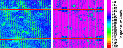 chart_solar_cell_lbic_maps PVScan light beam induced current images showing impact of defects on photoresponse.