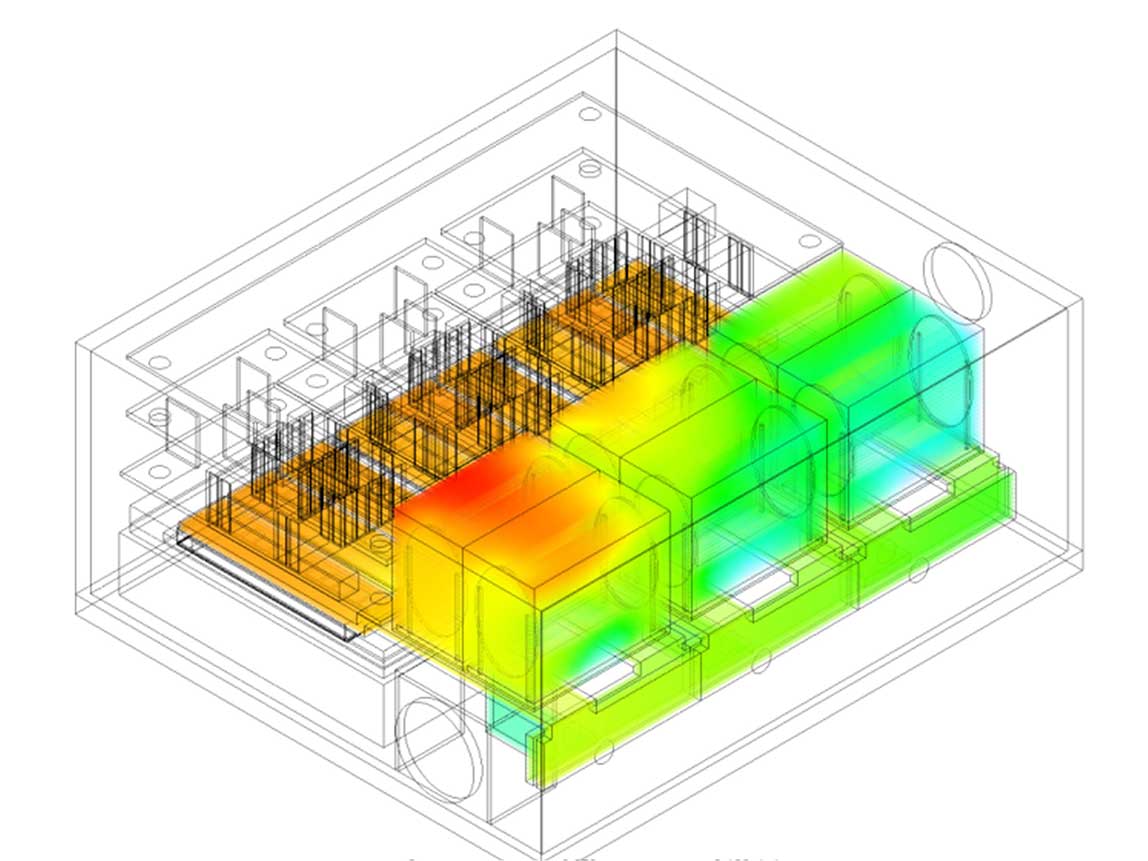 graphic-wide-bandgap-rendering A drawing of the DC-Link Capacitor with a circuit board on the left hand side and 3-D rectangular neon-colored boxes to the right.
