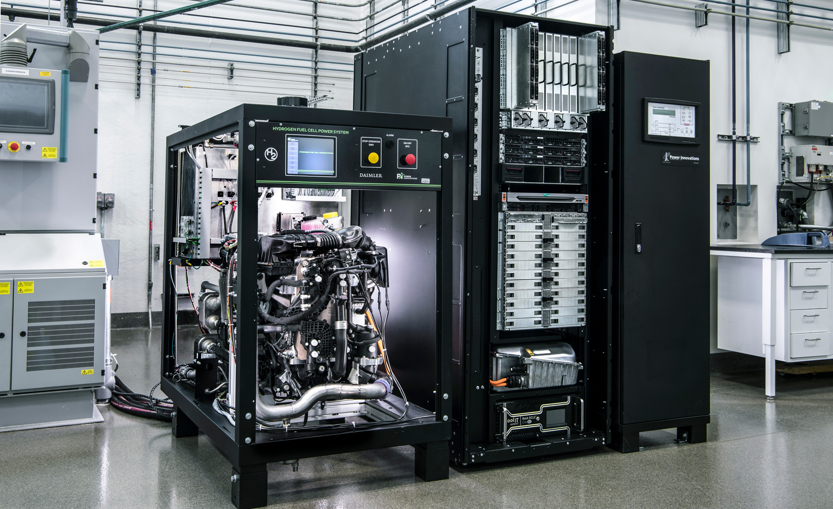 hydrogen-fuel-cell-power-system-48941 A piece of mechanical equipment inside a laboratory, composed of tubes, wires, and other materials.