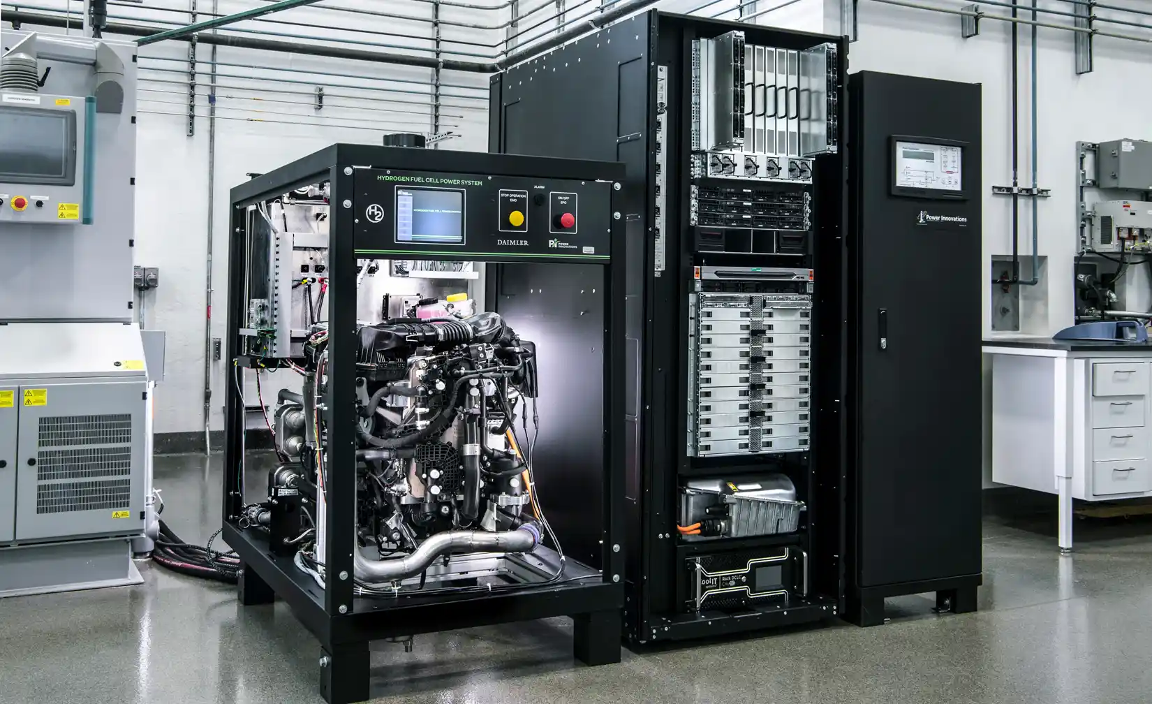 A piece of mechanical equipment inside a laboratory, composed of tubes, wires, and other materials.