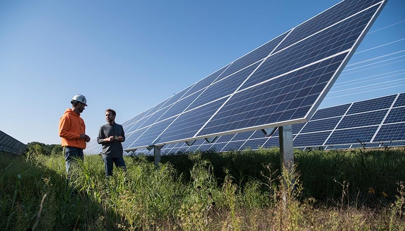 53035-body Two people standing next to large, ground-mounted photovoltaic arrays.