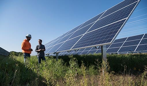 53035 Two people standing next to large, ground-mounted photovoltaic arrays.