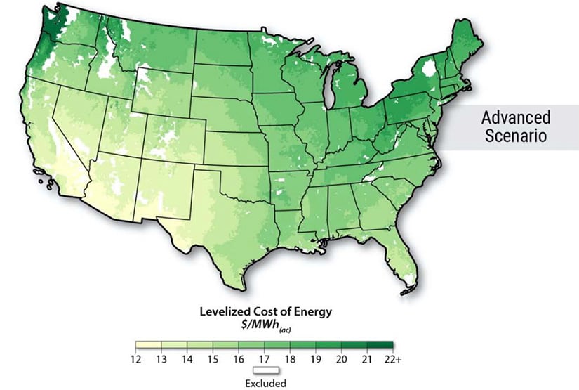 lcoe-map US map showing levelized energy costs from $12 to $22+ per MWh, with lower costs in the west and south and highest in western Washington.