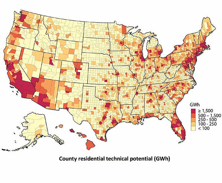 lmi-potential-webinar A US map color-coded by county shows total solar technical potential for low-to-moderate income households. Areas with the highest potential include Southern California, southern Florida, the urban Northeast, and the greater Chicago region.