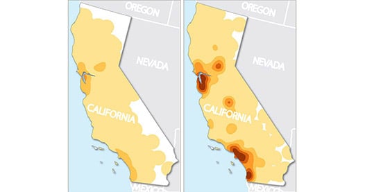 Two maps of California map the density of solar installations, one before 2007 and one after 2007.