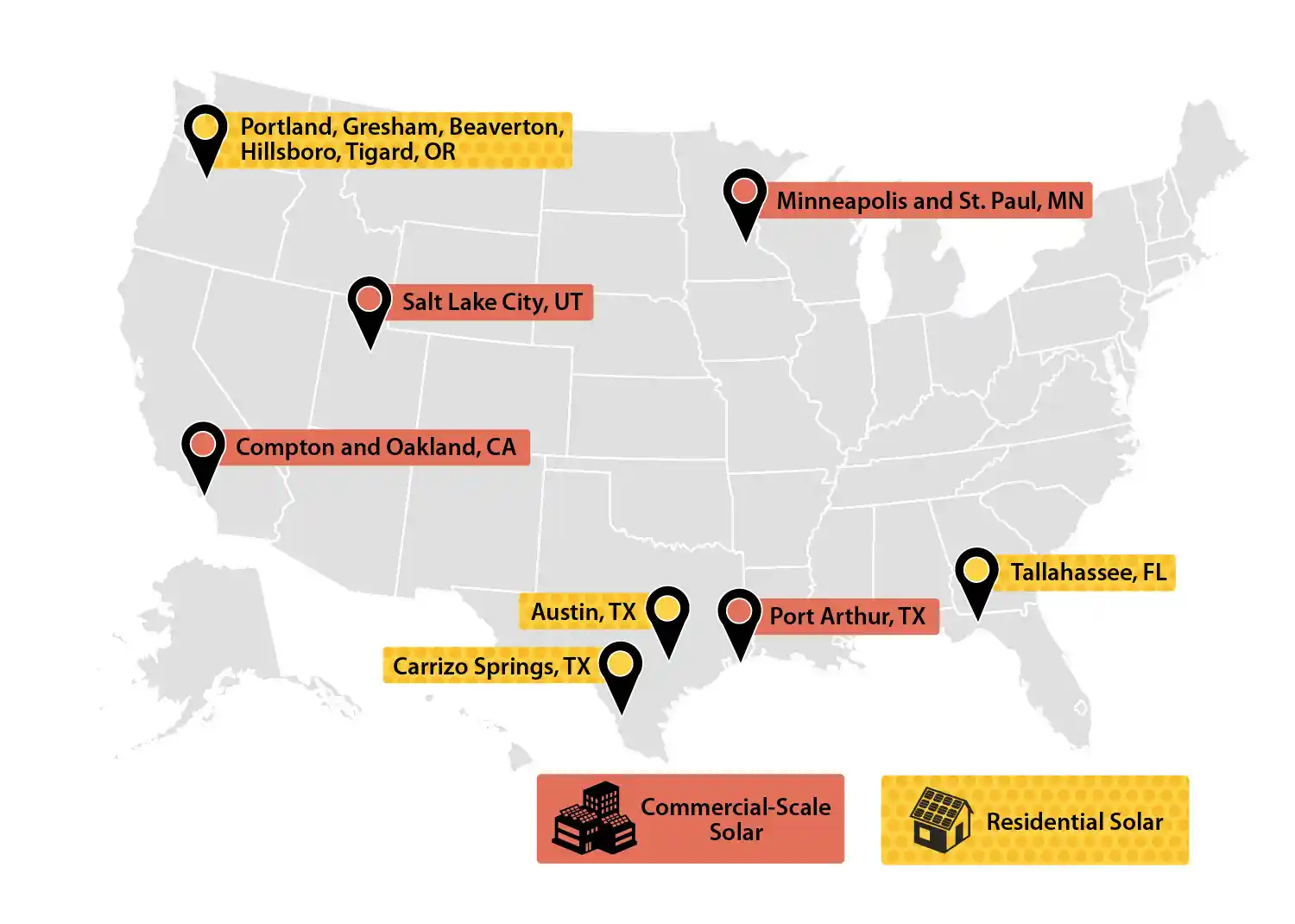 sein-map-v7 Map of the United States pointing to the eight teams selected for Solar Energy Innovation Network Round 3. These teams represent either equitable commercial-scale solar or equitable residential solar.