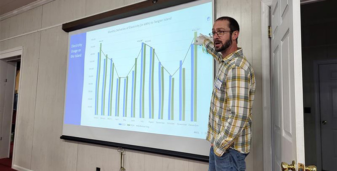 Person stands in front of room giving presentation.