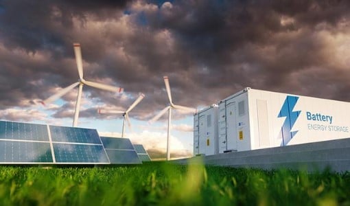 analysis An illustration of solar panels, wind turbines, and stationary batteries sitting together on a field.