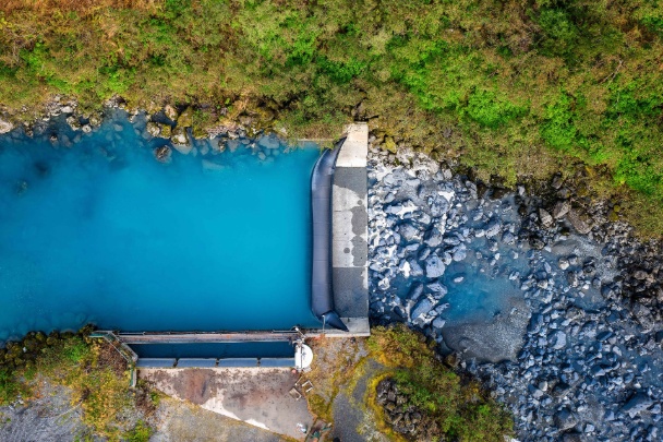 Overhead view of a hydropower dam