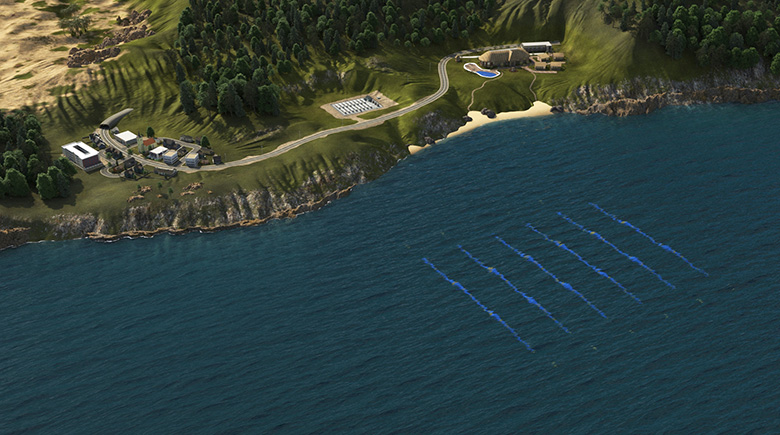 bulge-wave-boulevard An illustration of an ocean shoreline with water energy pipes in the foreground.
