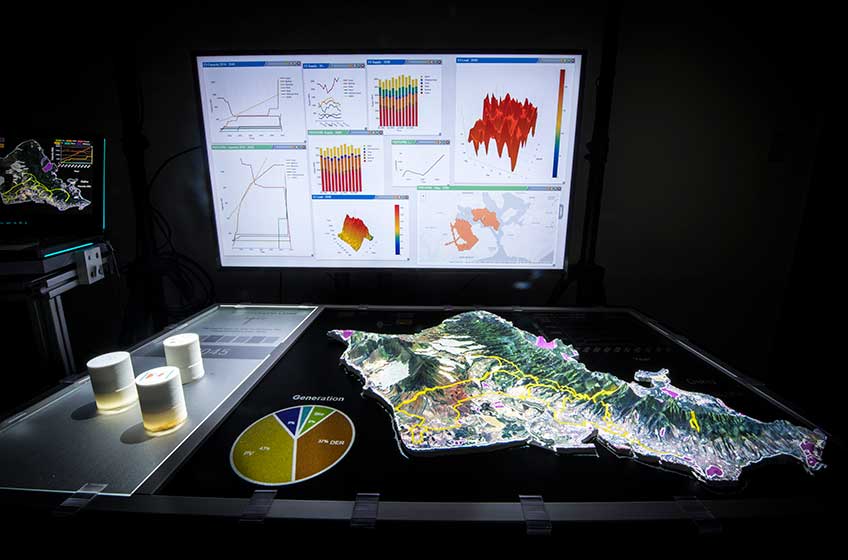 Topography map shows water resources with water resource data on a screen behind