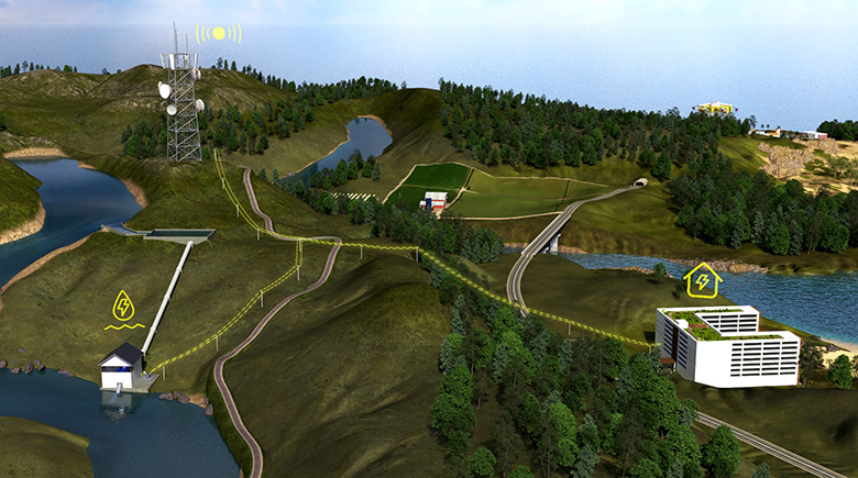 river-ramble An illustration of an island with pipes and infrastructure connecting to the grid