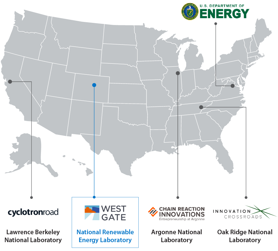 leep-map-web U.S. LEEP: Cyclotron Road (Lawrence Berkeley National Laboratory, California); West Gate (National Renewable Energy Laboratory, Colorado); Chain Reaction Innovations (Argonne National Laboratory, Illinois); Innovation Crossroads (Tennessee)