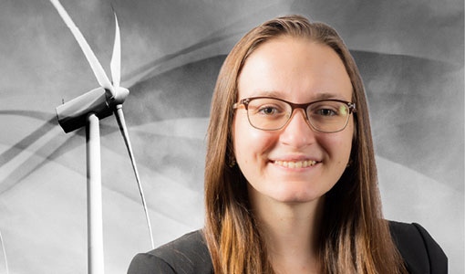 20240122-behind-the-blade-starke-news A graphic with two wind turbines and sweeping lines representing wind flow overlain by a headshot of Genevieve Starke.