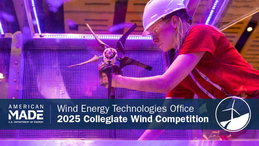 202403-collegiate-wind-competition A woman in a hard hat adjusts a model wind turbine inside a wind testing tunnel.