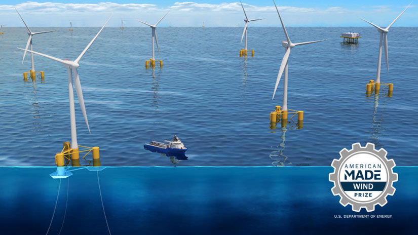 20240528-newsletter-wind-flowin-prize A graphic illustration of several floating offshore wind turbines and a boat overlain by an “American Made Wind Prize, U.S. Department of Energy” logo.