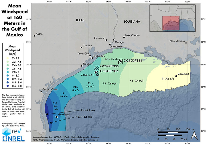 20240723-newsletter-gulf-of-mexico-map A map titled, Mean Windspeed at 160 Meters in the Gulf of Mexico, features NREL and ReV logos and shows increasing wind speeds from east to west in the gulf, ranging from 7 to 8.8 meters per second.