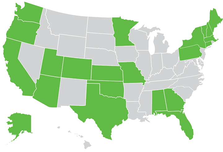 U.S. Map highlighting states that have companies participating in the competitiveness improvement project.