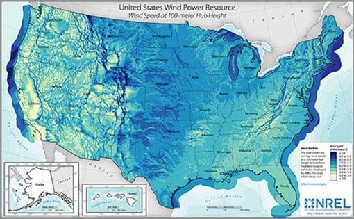 tap-wind-resource-map map of the U.S. with color gradient illustrating average windspeed