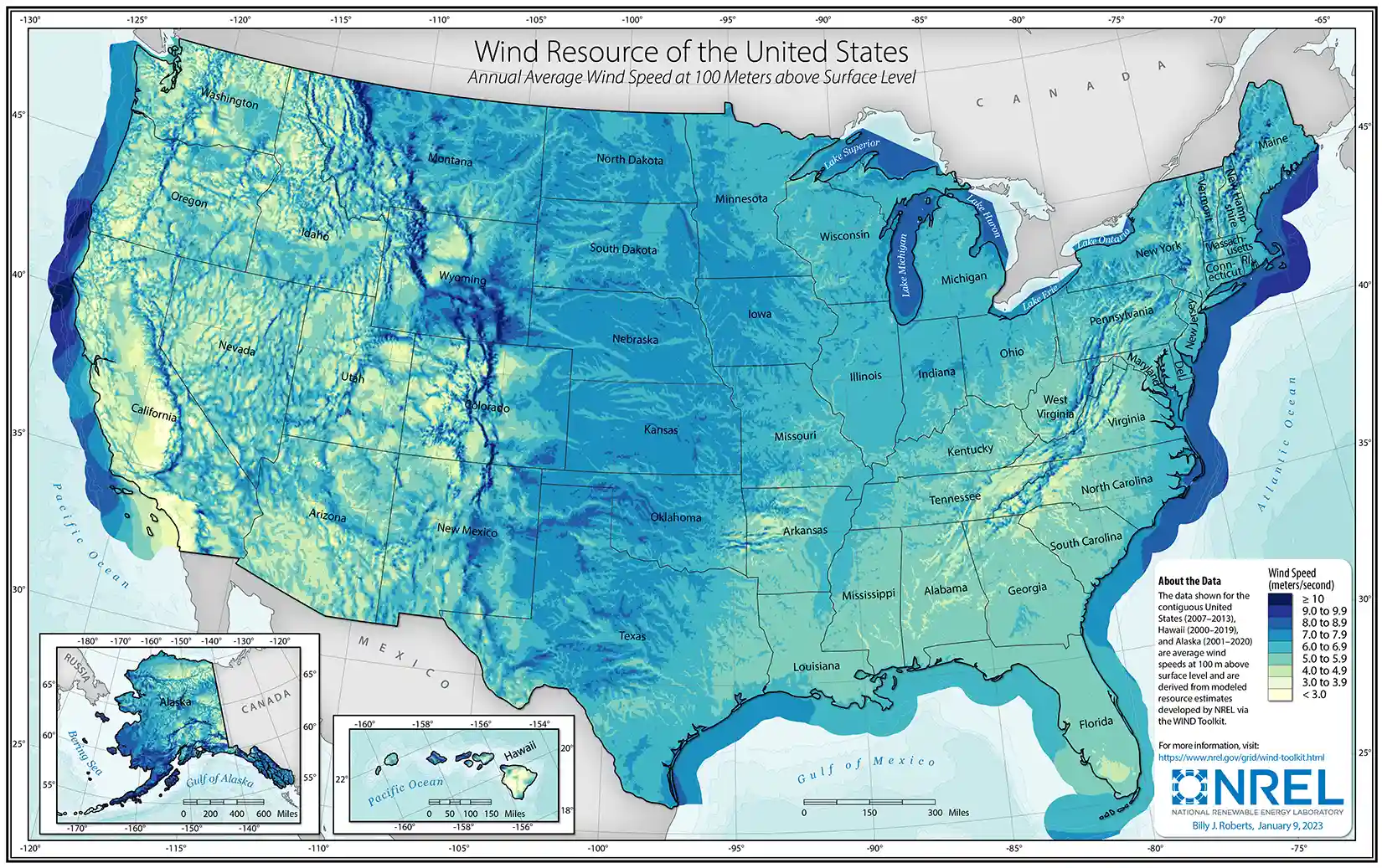 us-wind-power-resource-at-100-meter-hub-height A map of the United States colorized by wind speed on the land and along the coastlines.