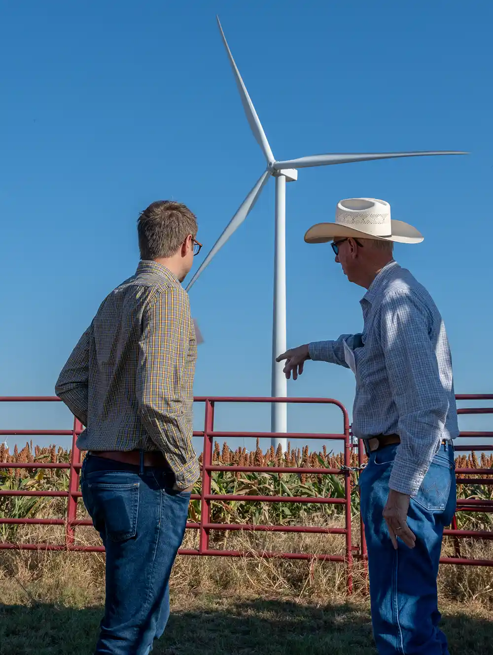 Two people, one in a Stetson hat, look at crops underneath a large wind turbine.