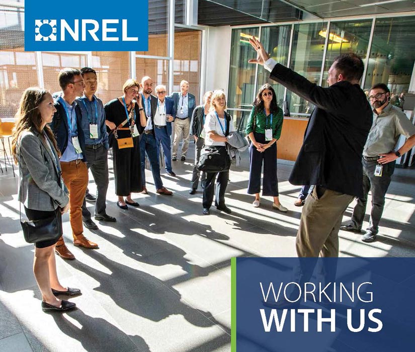NREL report cover featuring the words 'Working With Us' and an image of people gathered in a building lobby around a speaker.