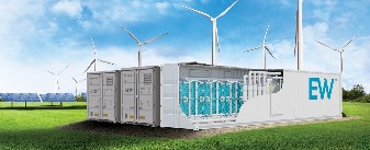 Three large energy storage units, one labeled "EW," with wind turbines in the backgound.