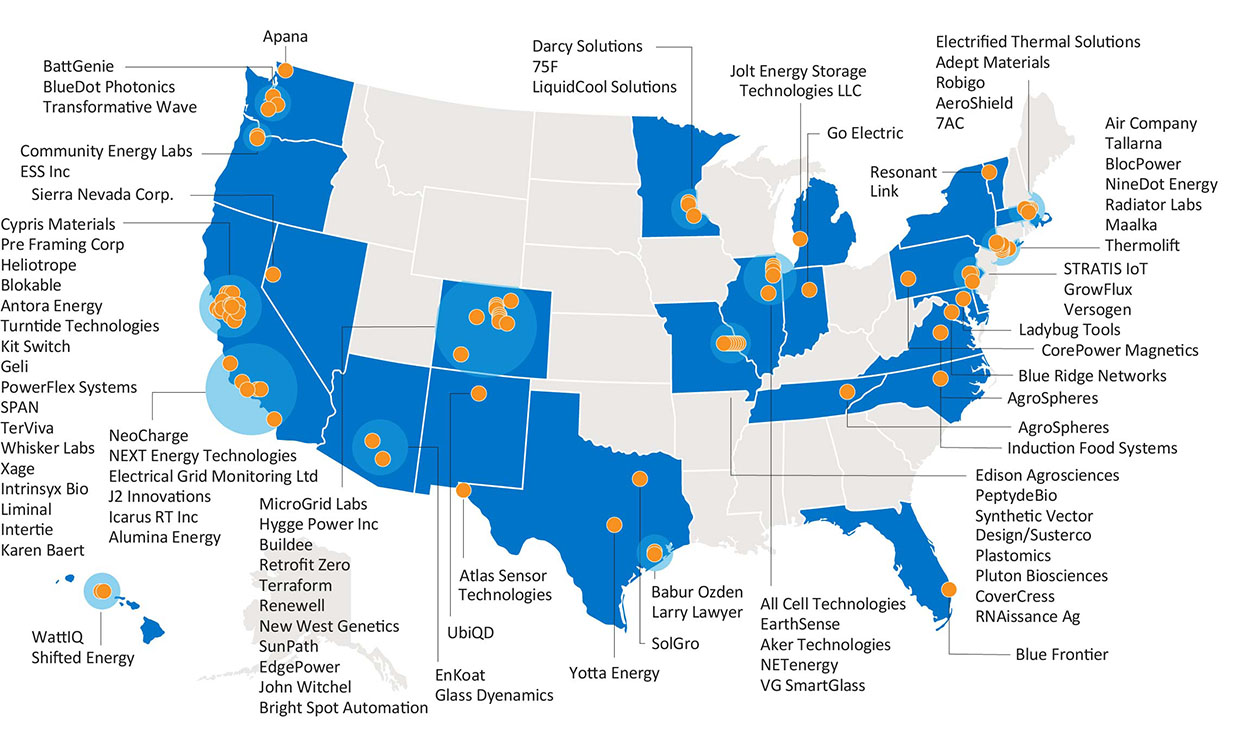 Map of the United States with pinpoints indicating location of each startup in the IEC portfolio.