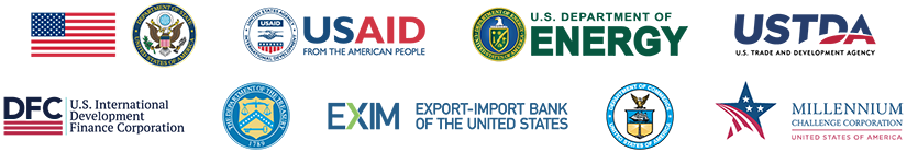 Logos for the Export Import Bank of the U.S. (EXIM), The Millennium Challenge Corporation (MCC), U.S. Department of Commerce, U.S. Department of Energy (DOE), U.S. Department of State, U.S. Agency for International Development (USAID), U.S. Department of the Treasury, U.S. Trade and Development Agency (USTDA), and the U.S. International Development Finance Corporation (DFC).