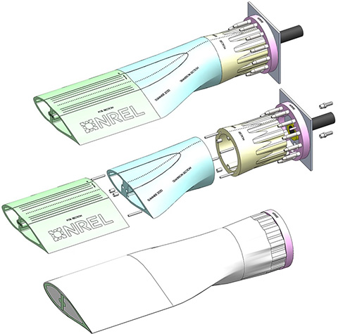 Three illustrations of a turbine blade, with one showing different segments by color and a print of NREL’s logo, a second showing the colored segments pulled apart, and the third showing the complete piece as one color.