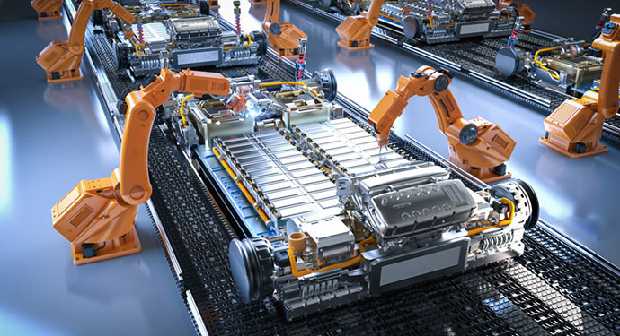 An illustration of a manufacturing line for electric vehicle batteries.