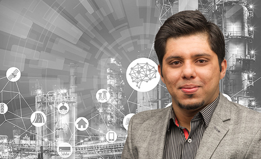 Danish Saleem overlain on a black-and-white background of manufacturing facilities and icons.