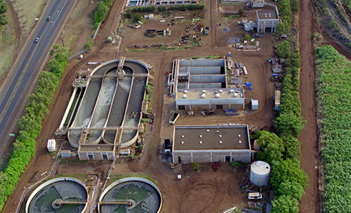 An aerial image of a water treatment plant.