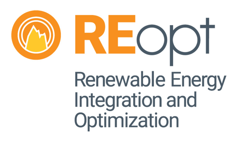 The logo for the REopt tool with a circular emblem, with a blue and orange color scheme.
