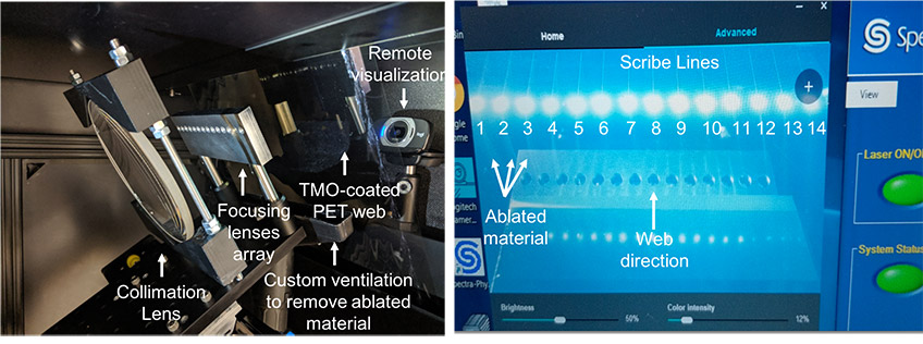 (Left) close-up image of laser machinery. (Right) Web camera shows laser scribing process.