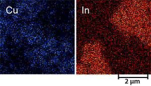 Pair of energy dispersive microscopy images of a copper indium diselenide thin film, showing elemental maps of copper (left) and indium (right).