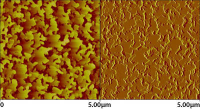 Left: High-resolution image obtained using atomic force microscopy; the image is of a device sample made of gallium phosphide on silicon and appears as yellow and red rice-like clusters.  Right: An image equivalent to the one at left obtained using atomic force microscopy; this image was obtained with the feedback signal on and appears as a flat-looking orange surface marked by many small jagged yellow lines.