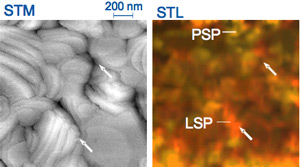 Left: Scanning probe techniques support surface science at the atomic and molecular level; this image obtained using a scanning tunneling microscope shows gray and white clusters of microscopic terraces in a sample gold substrate of a semiconductor device. Right: Scanning probe techniques produce high-resolution color images or maps like this one obtained using scanning tunneling luminescence and showing microscopic surface plasmons in a sample device; they appear as small brown, yellow, and gray clusters.