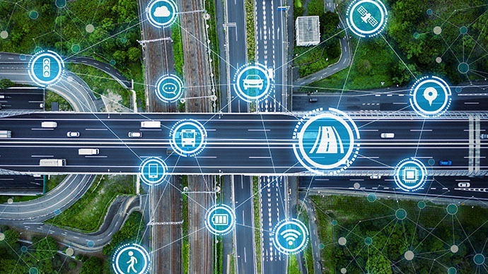 A highway overlayed with transportation-related icons.