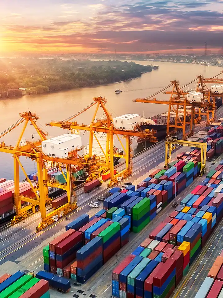 Aerial view of a freight dock with ships