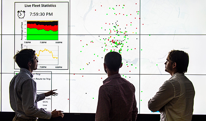 hive-57516-flt Photo of three people looking at a large screen displaying vehicle fleet statistics (passenger trips, empty miles traveled, idling, and charging data) for the Austin area