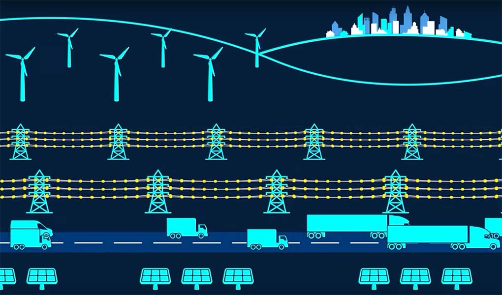 hp-feat-transmission-series Illustration of a road with vehicles with solar panels, wind turbines, and a city in the background.