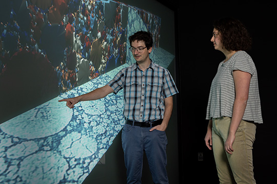 Two people look at a large screen showing microscopic battery structures.