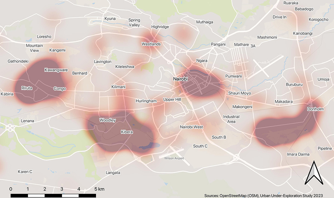 nairobi-start-heat-map2 Image of heat map of Nairobi, Kenya, showing where the most trips were taken around the city, with the more frequently traveled areas appearing darker. The darkest places in the city appear around these areas: Riruta, Congo, Kawangware, Woodley, Kibera, Nairobi, and Donholm. The source is listed as OpenStreetMap and the 2023 Urban Under-Exploration Study.