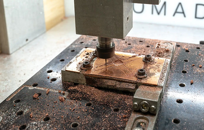Copper components are machined using a high-precision laser cutter.