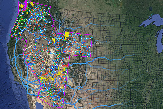 winter24-charging-events-stations-20231013 A map of the Western United States with colorful lines and dots showing roads and potential EV charging station locations.